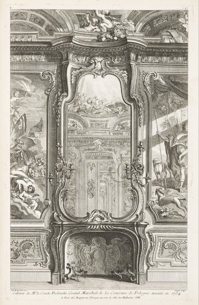Cabinet of Mr. Count Bielenski Grand Marshal of the Crown of Poland executed in 1734; Chimney... by Juste Aurèle Meissonnier